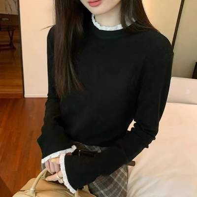 花边拼接半高领打底衫女秋冬双面磨毛修身设计感针织衫内搭tb