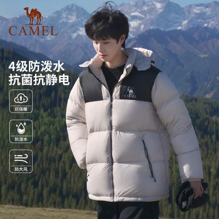 【聚划算】骆驼小太阳男装羽绒服秋冬加厚鸭绒情侣短款黑色面包服外套户外男