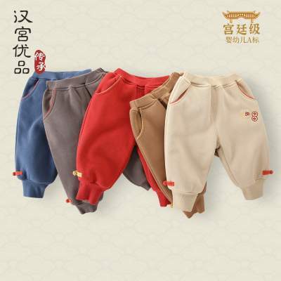 女童加绒裤子男童冬季宝宝加厚休闲保暖裤国风红色过年儿童新年裤